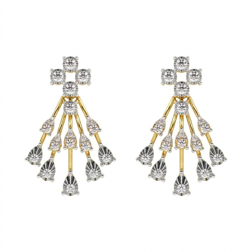 Yellow gold and diamond chandelier earring on a white background.