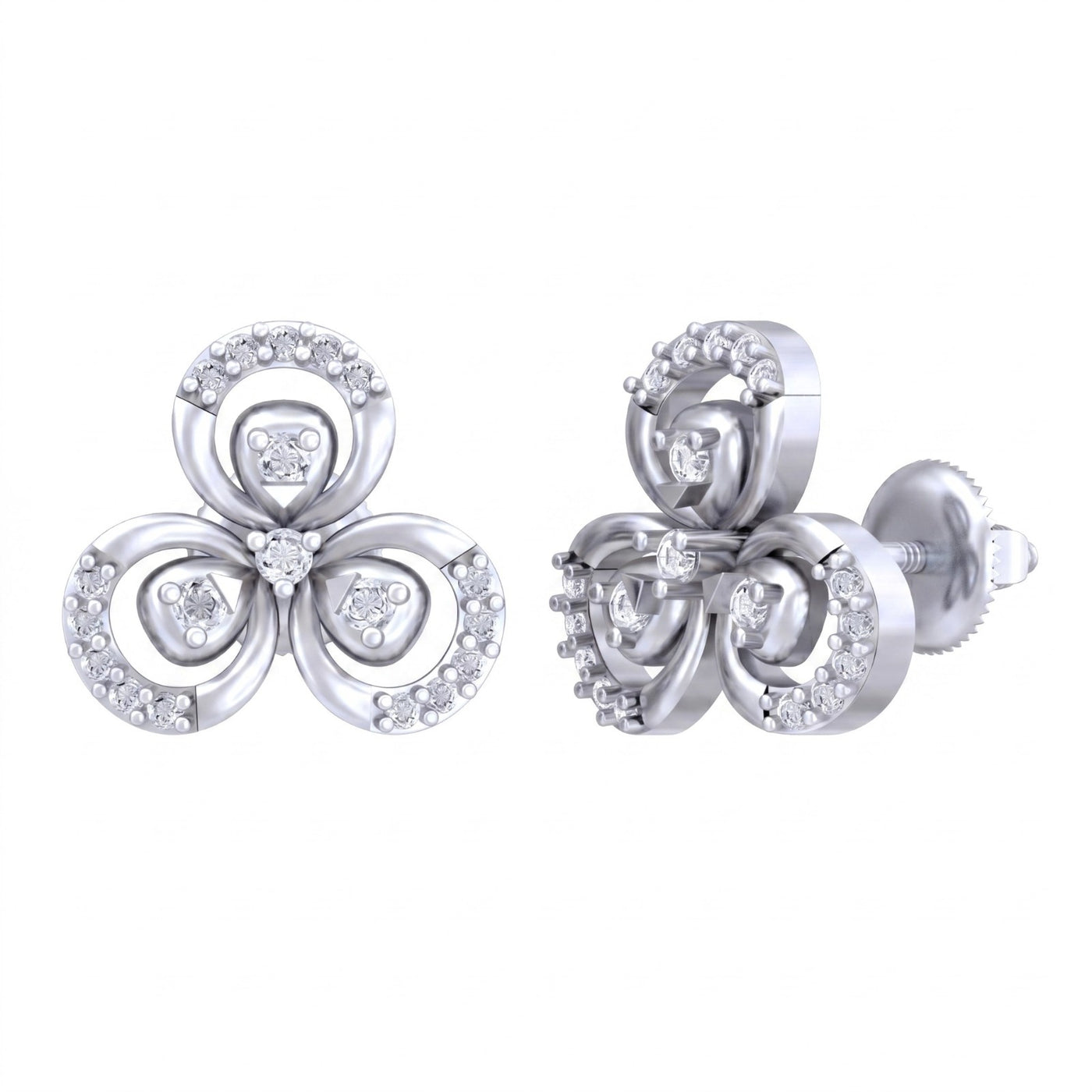 White gold and diamond floral stud earrings on a white background