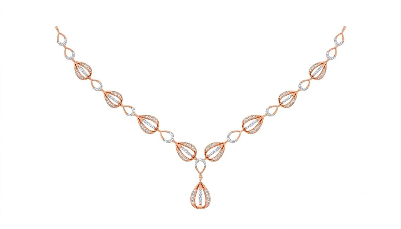 Rose gold and diamond necklace with a teardrop shaped, on a plain white background.