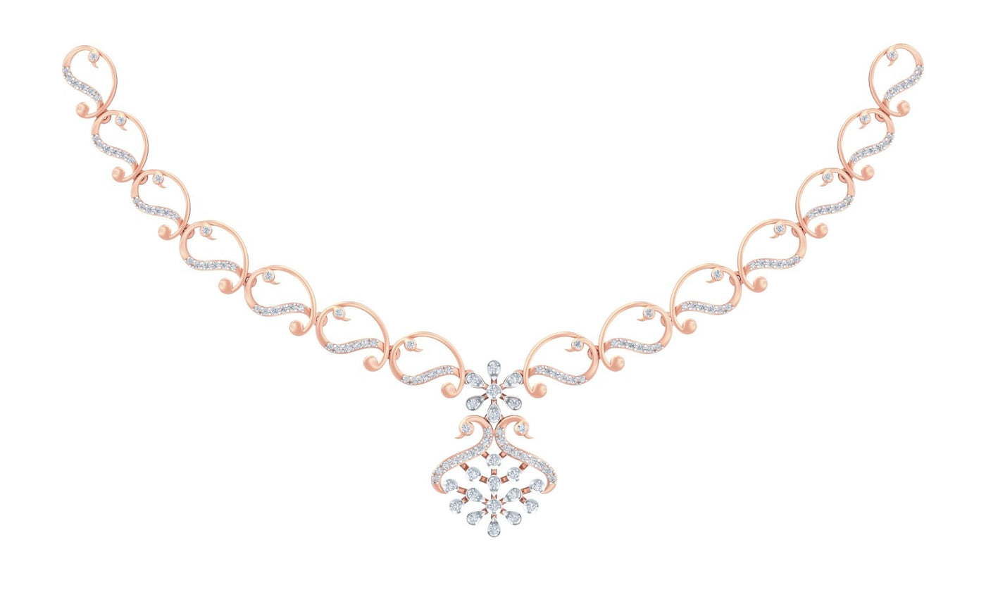 Rose gold and diamond necklace with a central floral motif, displayed on a solid white background.