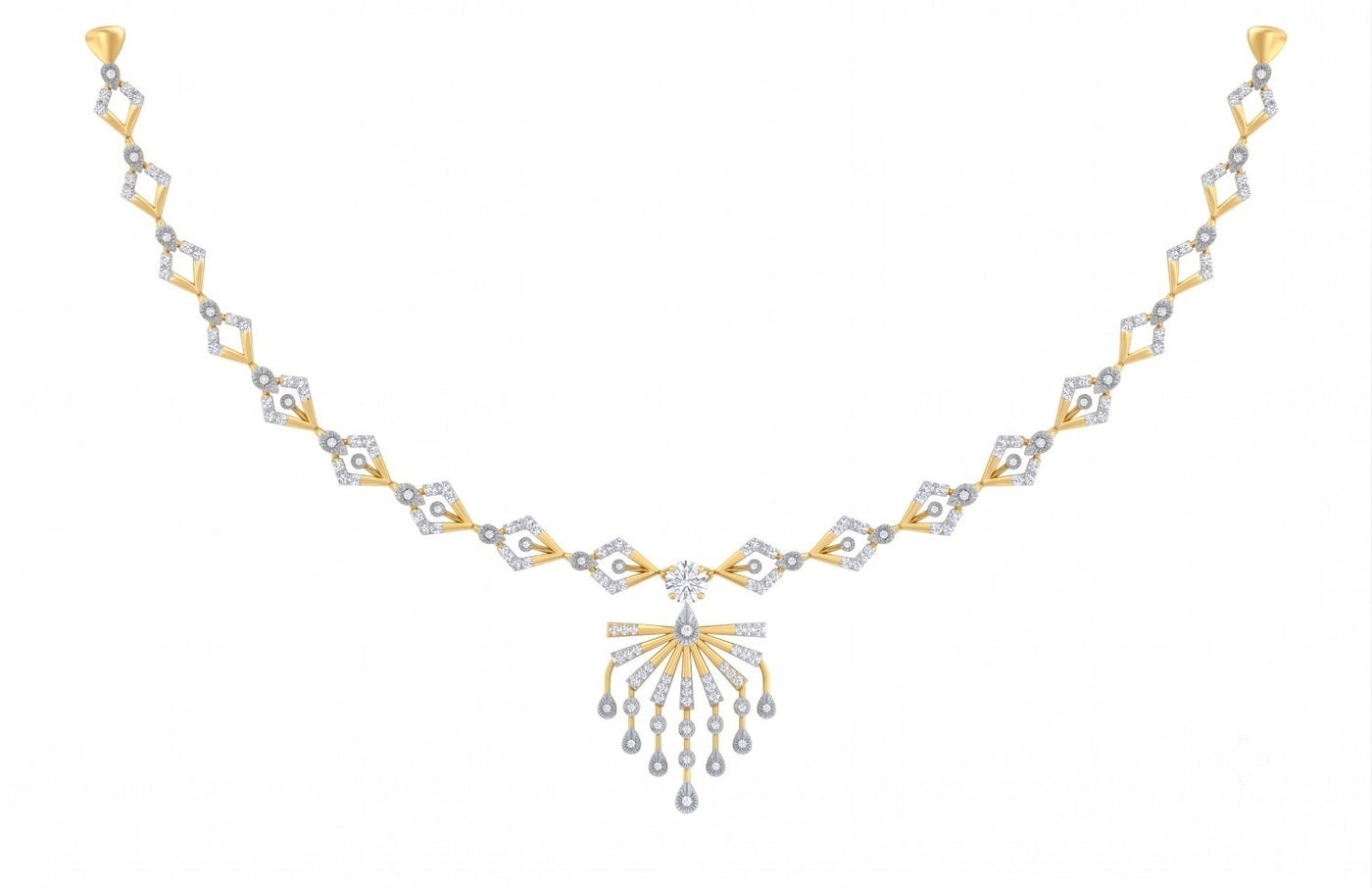 A yellow gold and diamond necklace with a central sunburst, displayed on a solid white background.