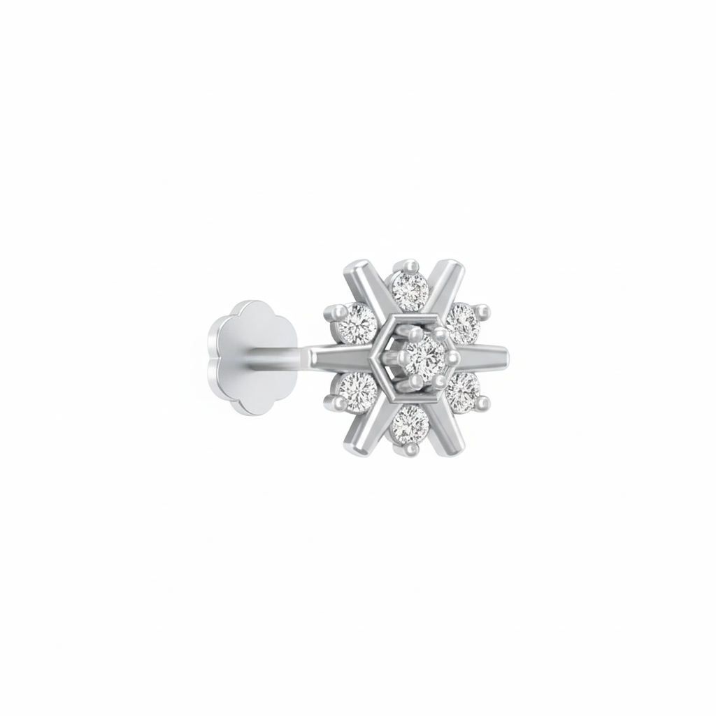 White gold and diamond stud nose pin accents on a white background