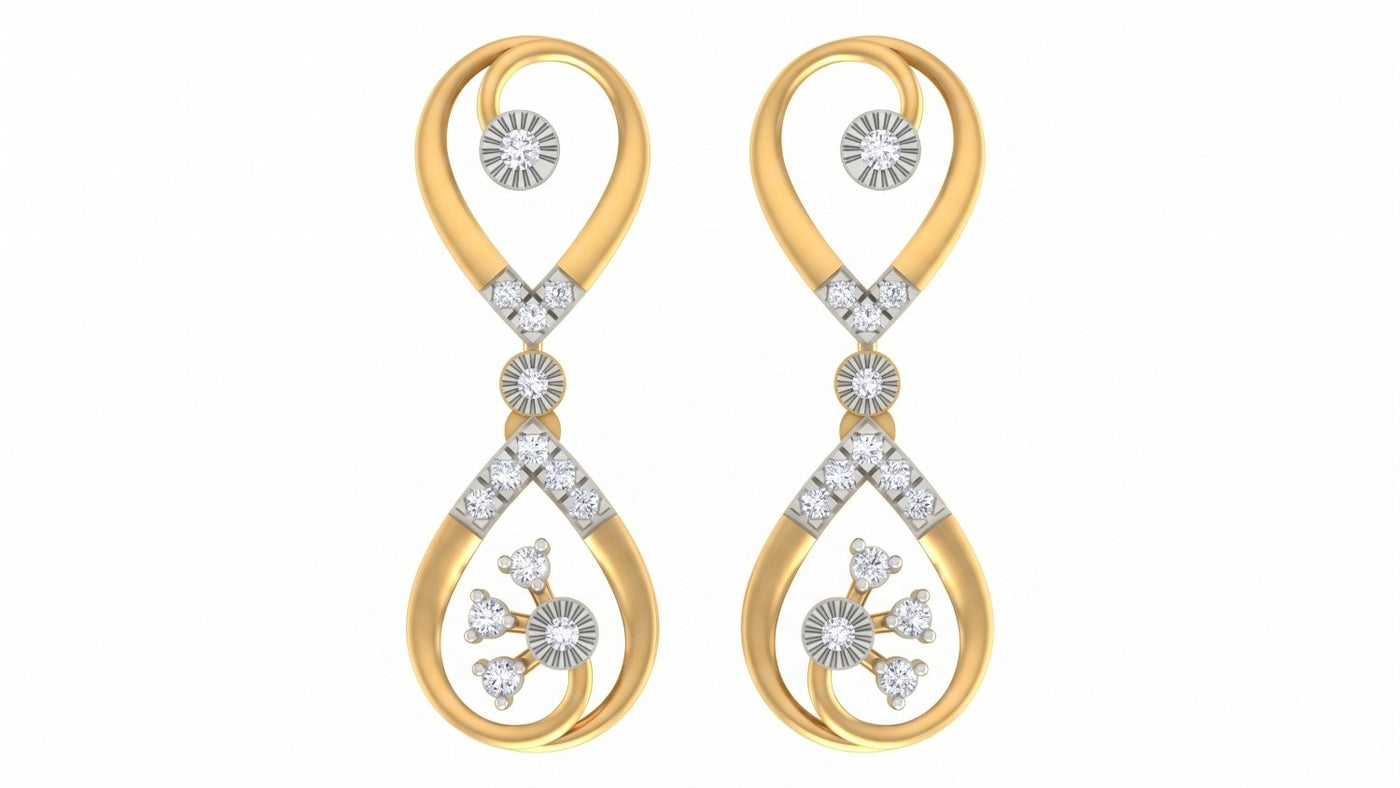 Yellow gold and diamond drop earrings on a white background.