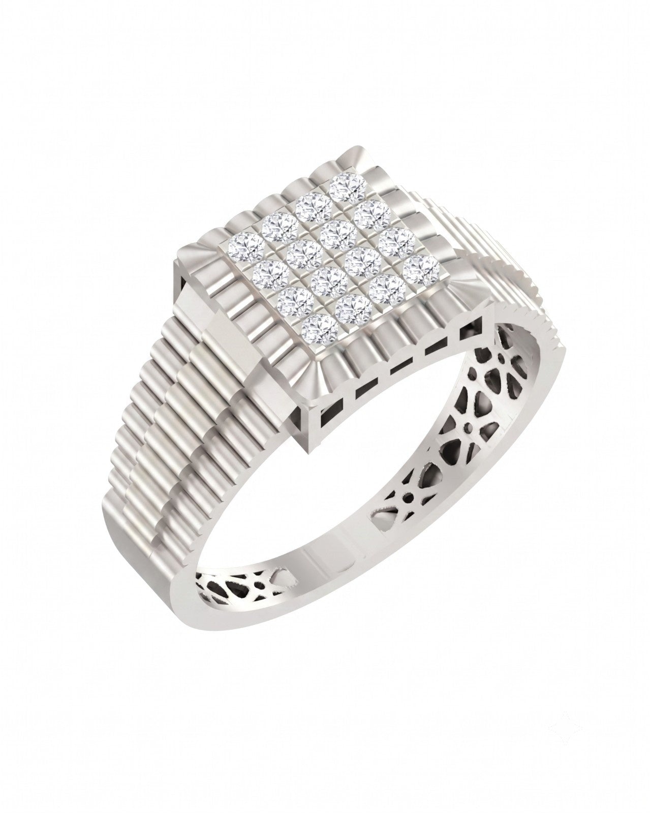 A white gold and diamond ring featuring a square diamond cluster on the face, set on a white background.