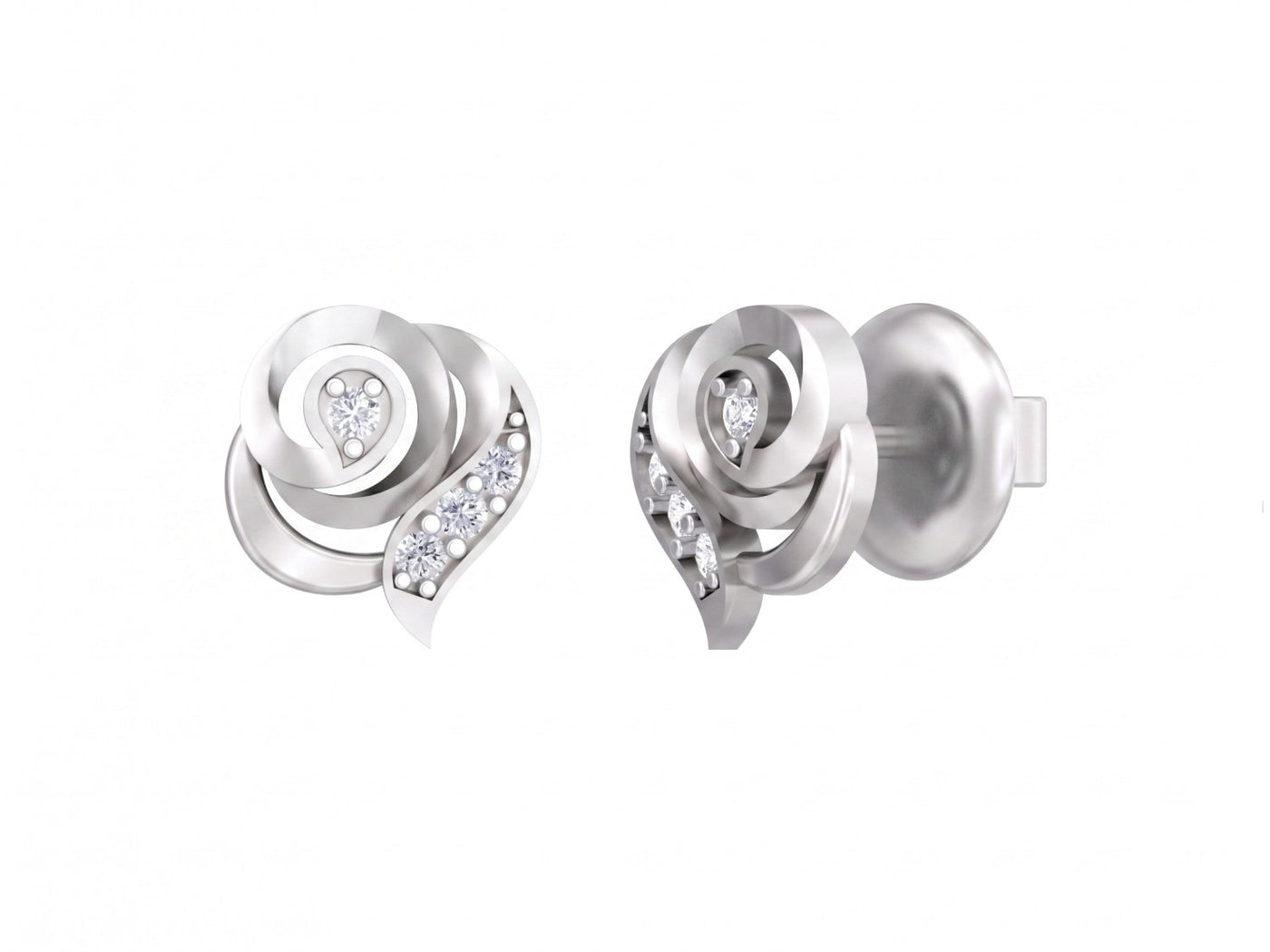 White gold and diamond stud earrings on a white background