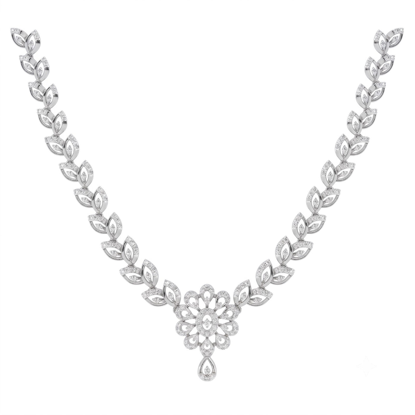 White gold and diamond necklace featuring  a central floral and teardrop drop, set against a plain white background.