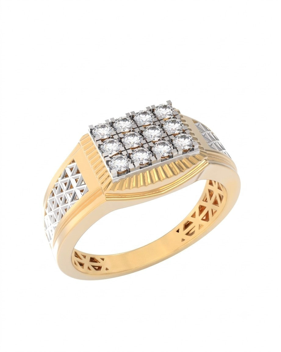 A yellow gold and diamond ring featuring a square cluster, with geometric on the shoulders and a polished band.
