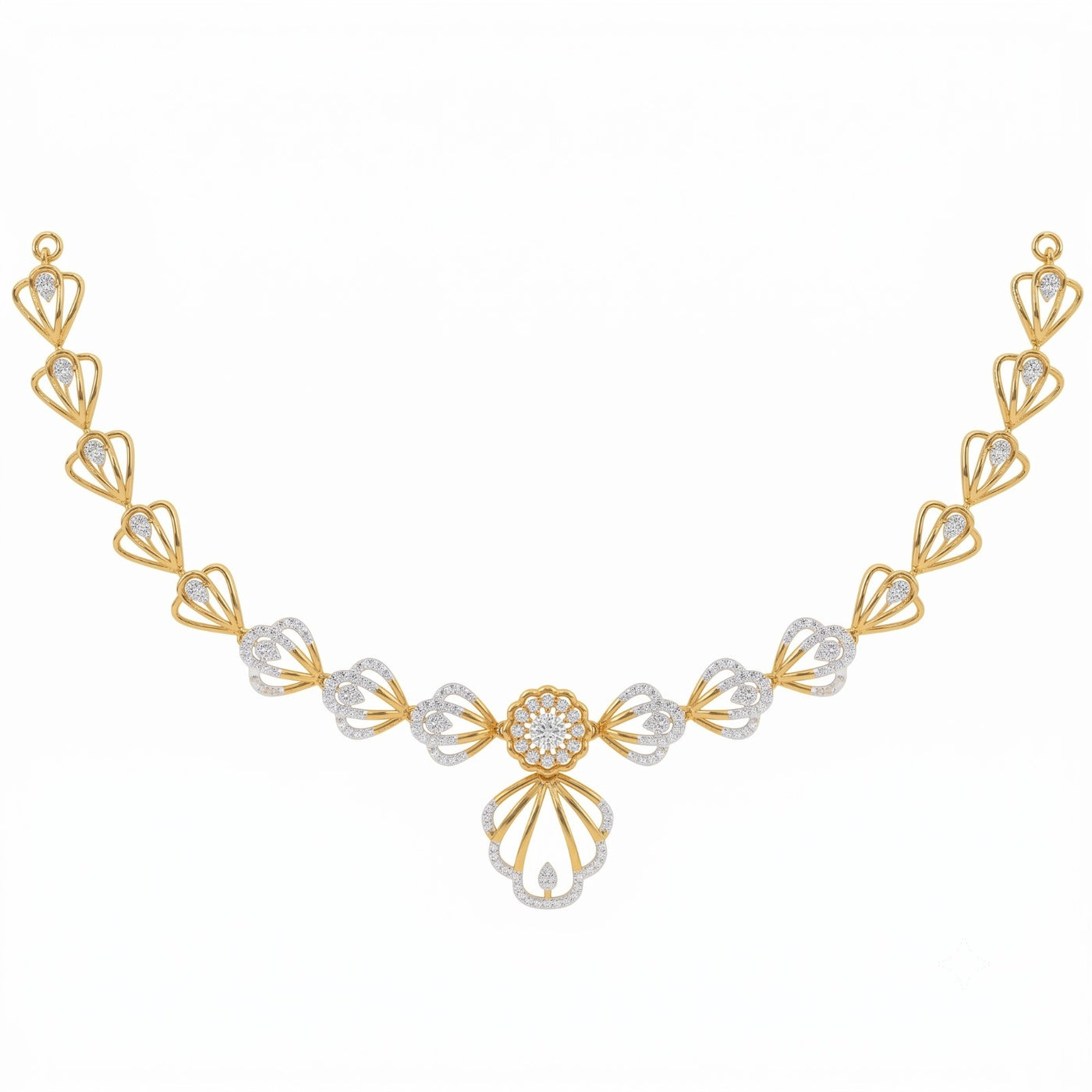 Yellow gold and diamond necklace featuring a central floral motif, displayed on a solid white background.
