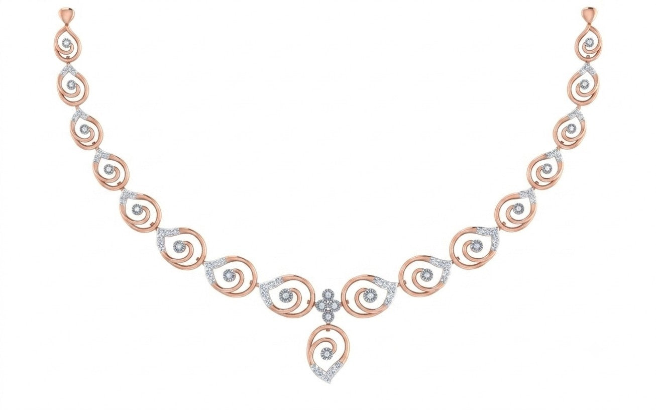 A rose gold and diamond necklace motifs set, displayed on a solid white background.