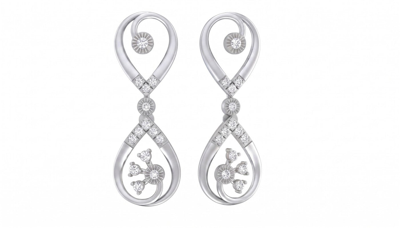 White gold and diamond drop earrings on a white background.