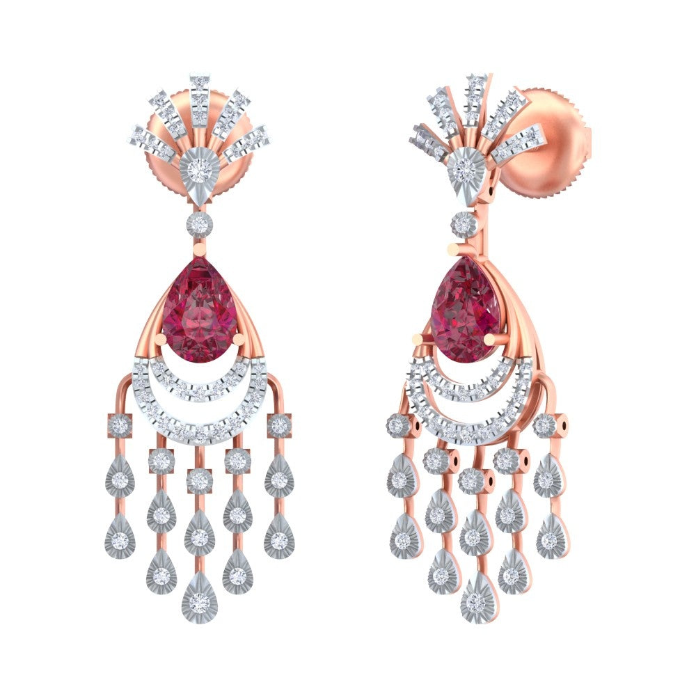 A pair of rose gold and diamond earrings with a chandelier design, featuring ruby stones at the top.