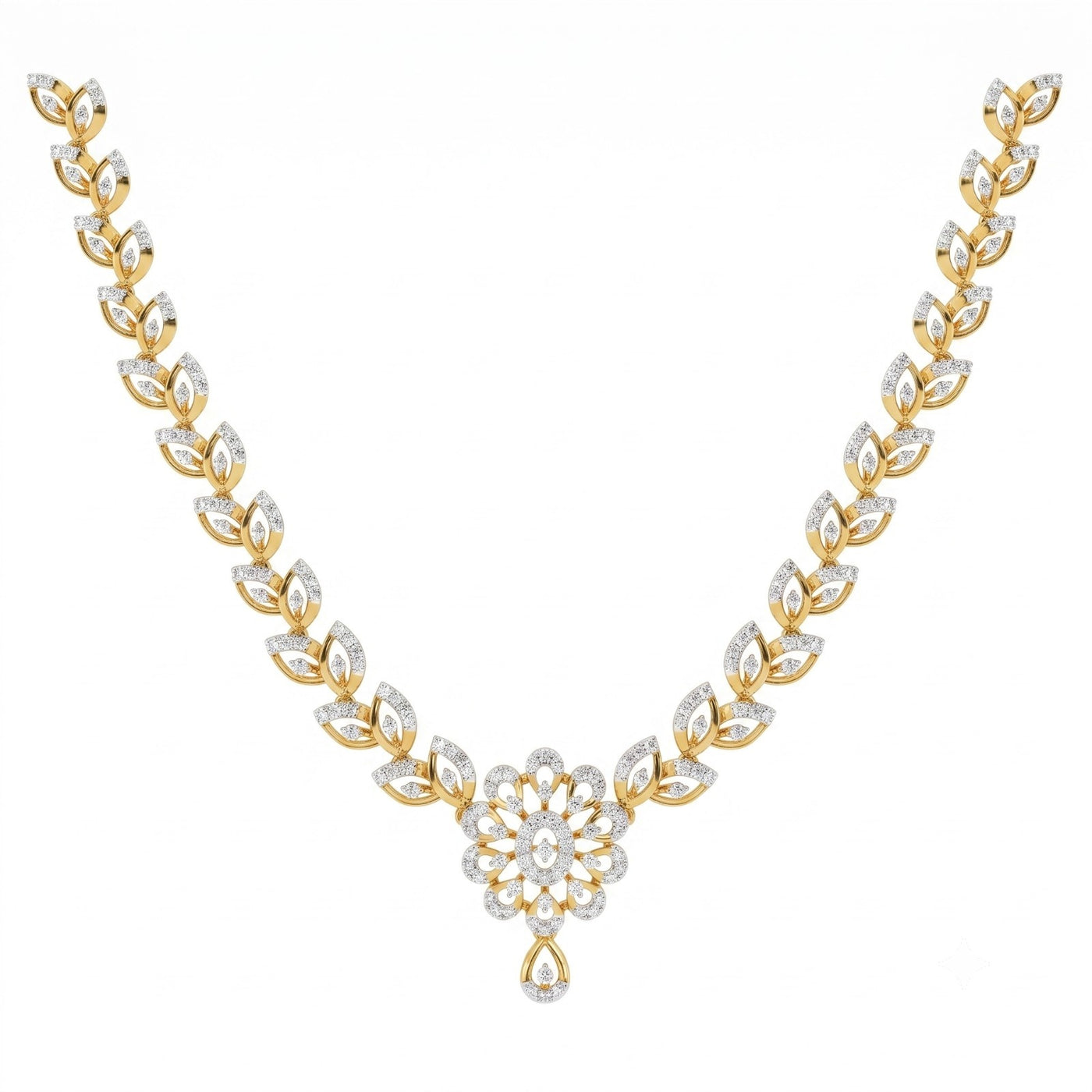 Yellow gold and diamond necklace featuring  a central floral and teardrop drop, set against a plain white background.