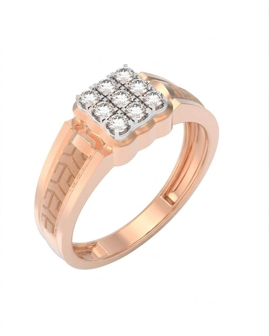 A rose gold and diamond ring with a square cluster on a white background.
