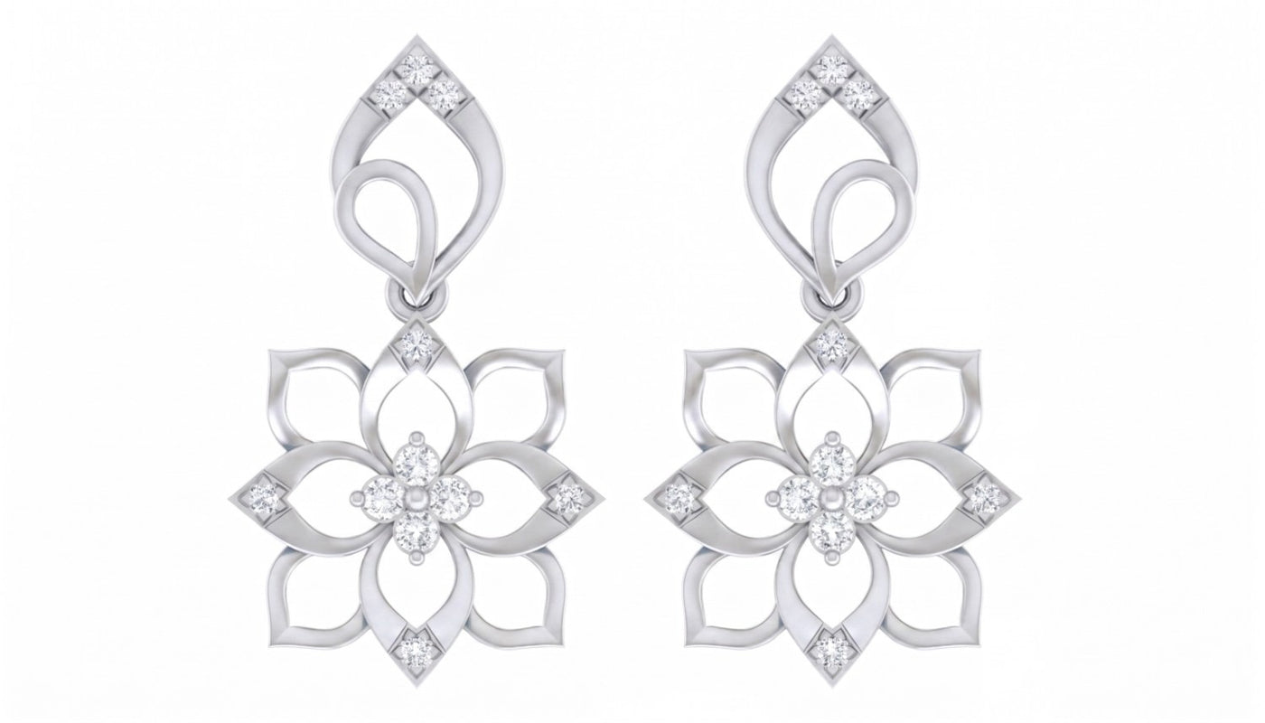 White Gold and diamond floral drop earrings on a white background