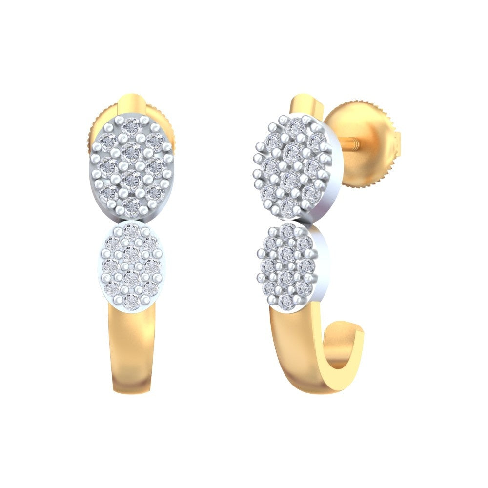 Yellow gold and diamond half hoop earring  on a white background.