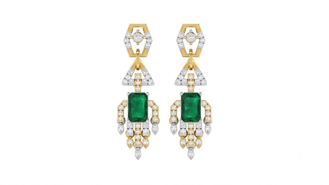A pair of yellow gold and diamond dangler earrings with rectangular green emerald-cut center stones, shown against a plain white background.