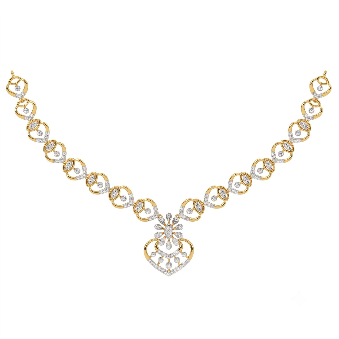 A yellow gold and diamond necklace featuring a central floral design, set against a plain white background.