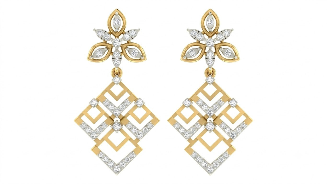 Gold & diamond geometric floral women dangler earrings with openwork diamond design in yellow gold