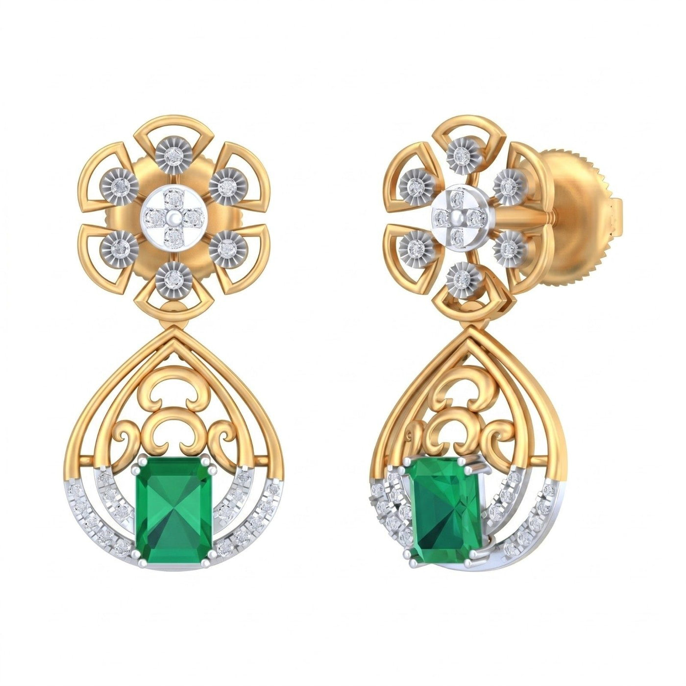 Yellow gold and diamond earrings with green gemstones on a white background