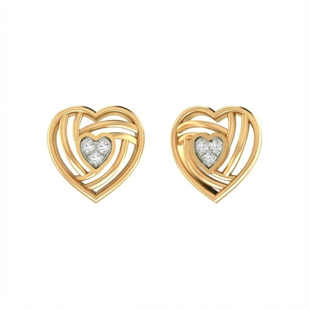 Yellow gold and diamond heart-shaped earrings on a white background