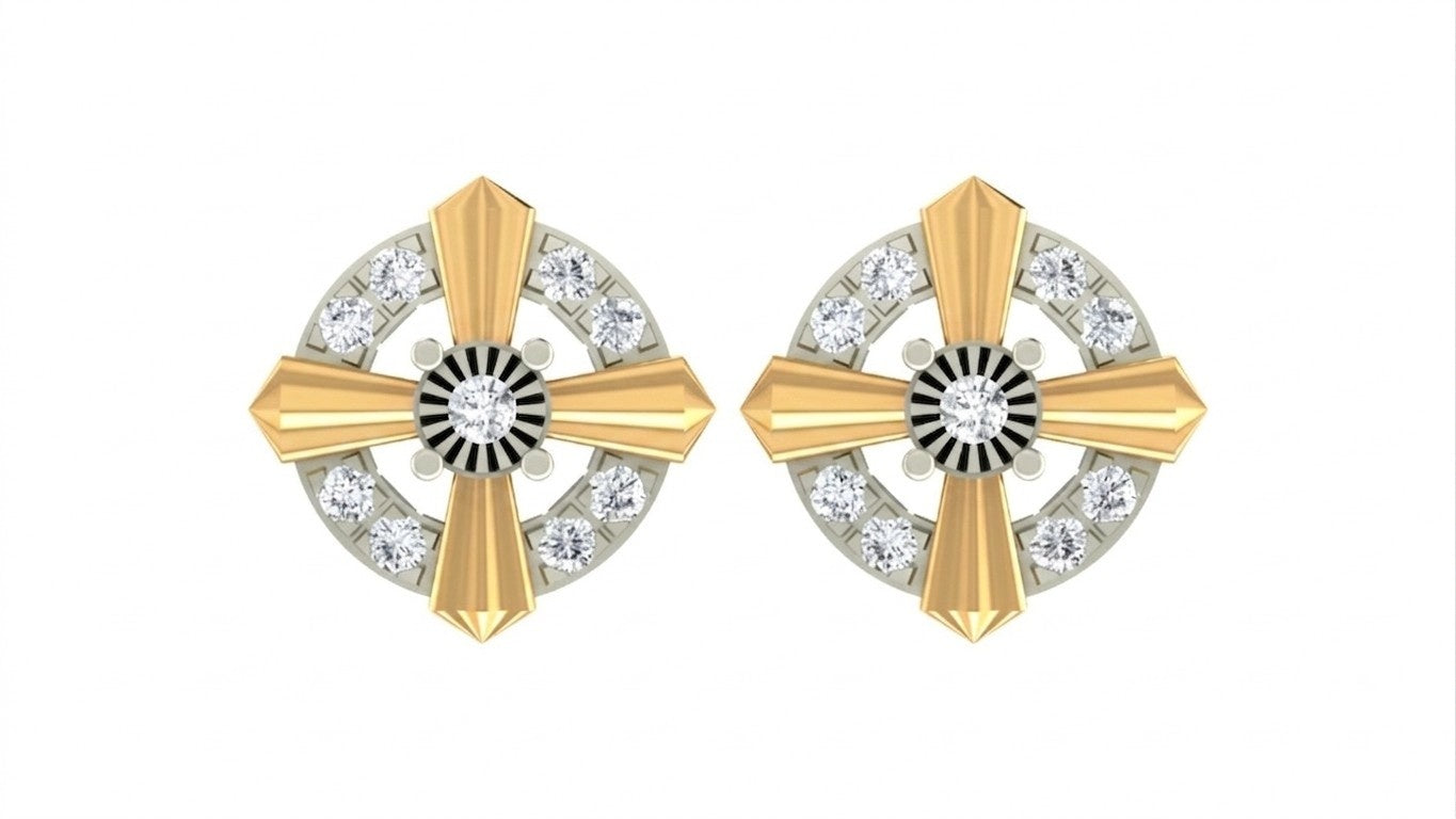 Pair of yellow gold and diamond round-shaped stud earrings on a white background