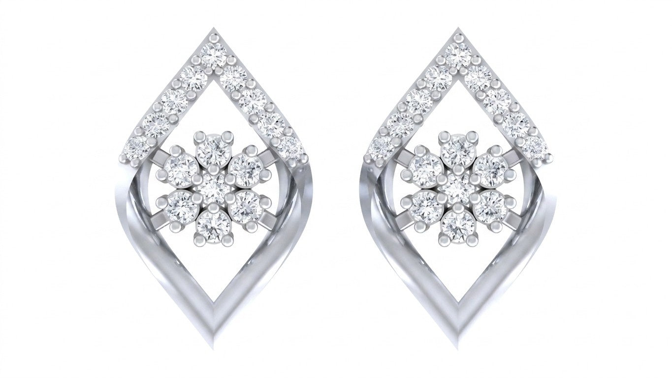 Elegant white gold floral stud earrings featuring a natural diamond flower cluster on a white background.