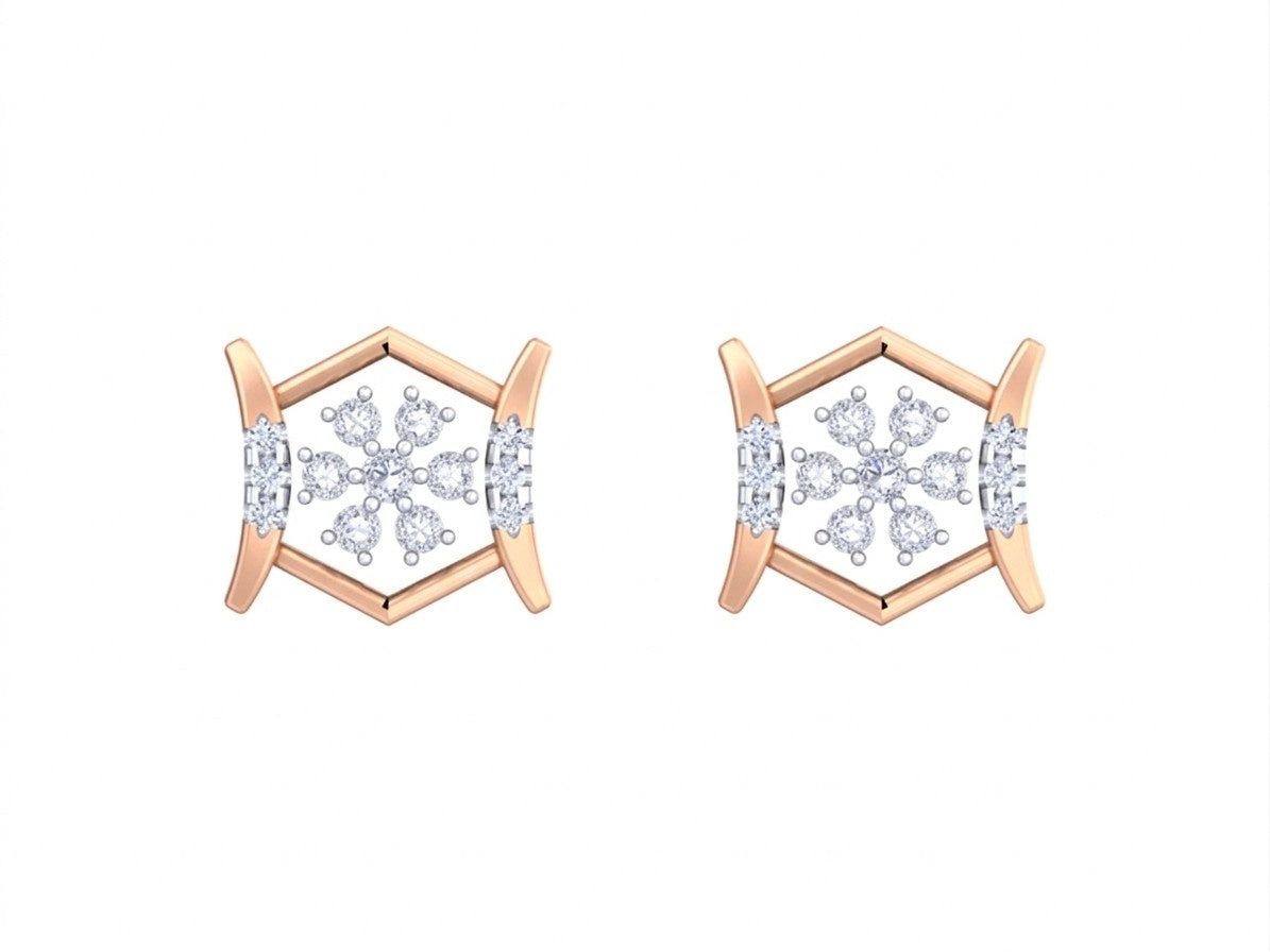Rose gold and diamond stud earring on a white background.