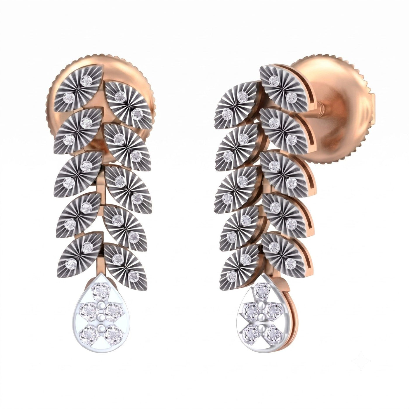 A pair of rose gold and diamond dangler earrings with a  leaf design, shown against a plain white background.