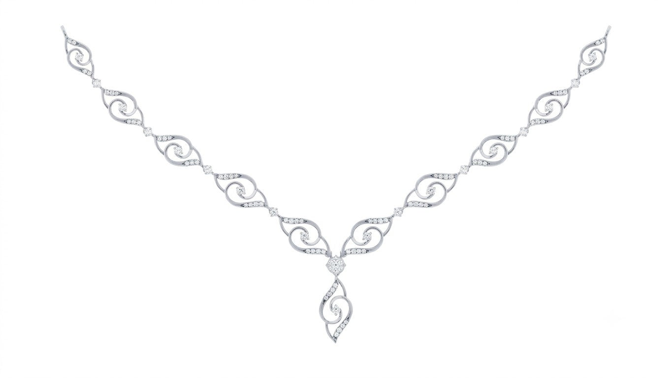 White gold and diamond V-shaped necklace, displayed on a solid white background.