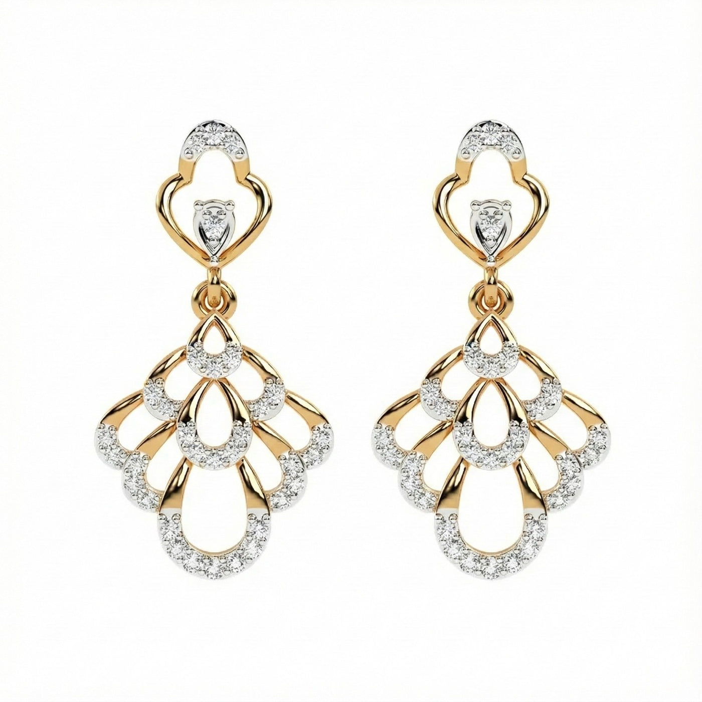 A pair of  yellow gold earrings with sparkling diamond accents, featuring a leaf-like design with a heart-shaped top.
