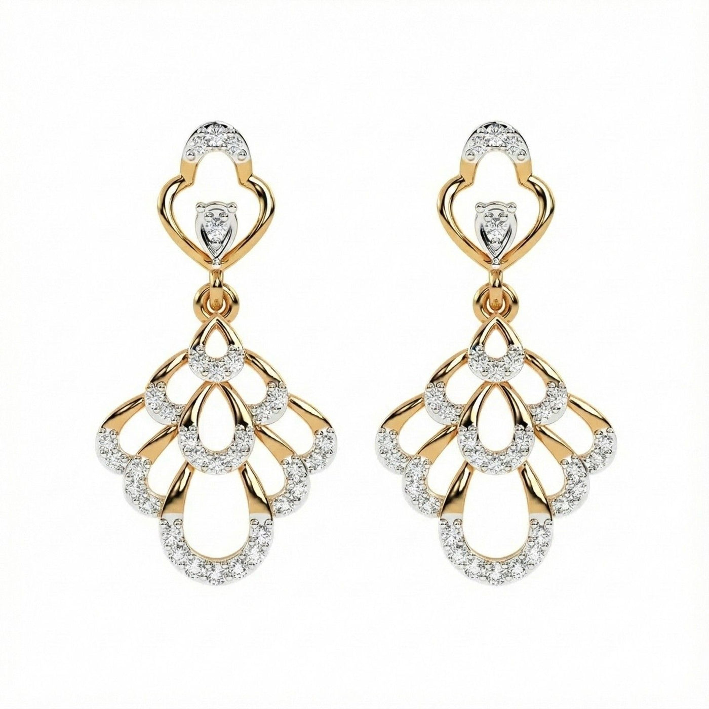 A pair of yellow gold earrings with sparkling diamond accents on a white background.