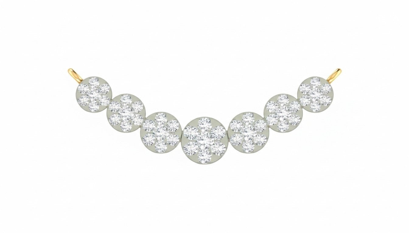 A yellow gold and diamond mangalsutra featuring seven round pavé-set diamonds on a white background.