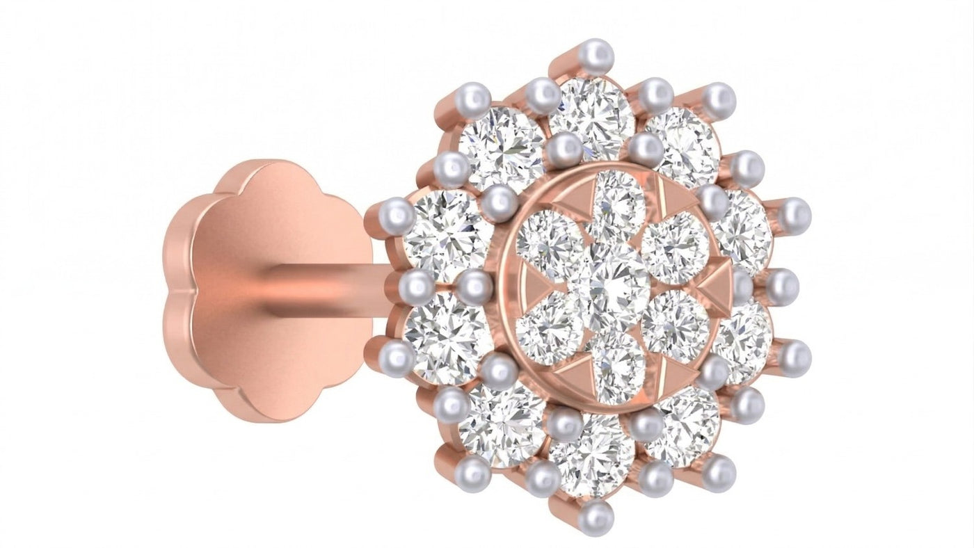 rose gold and diamond stud nose pin with clear stones on a white background