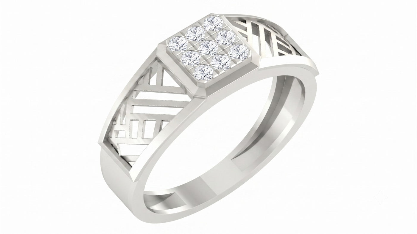 White gold and diamond men's ring on a white background.