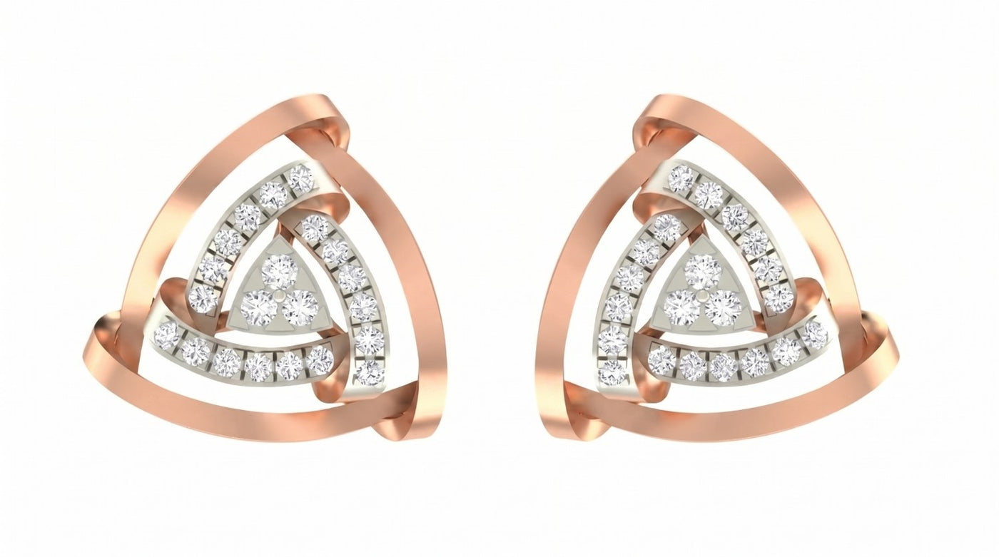 Pair of rose gold triangle-shaped earrings with diamond accents on a white background.