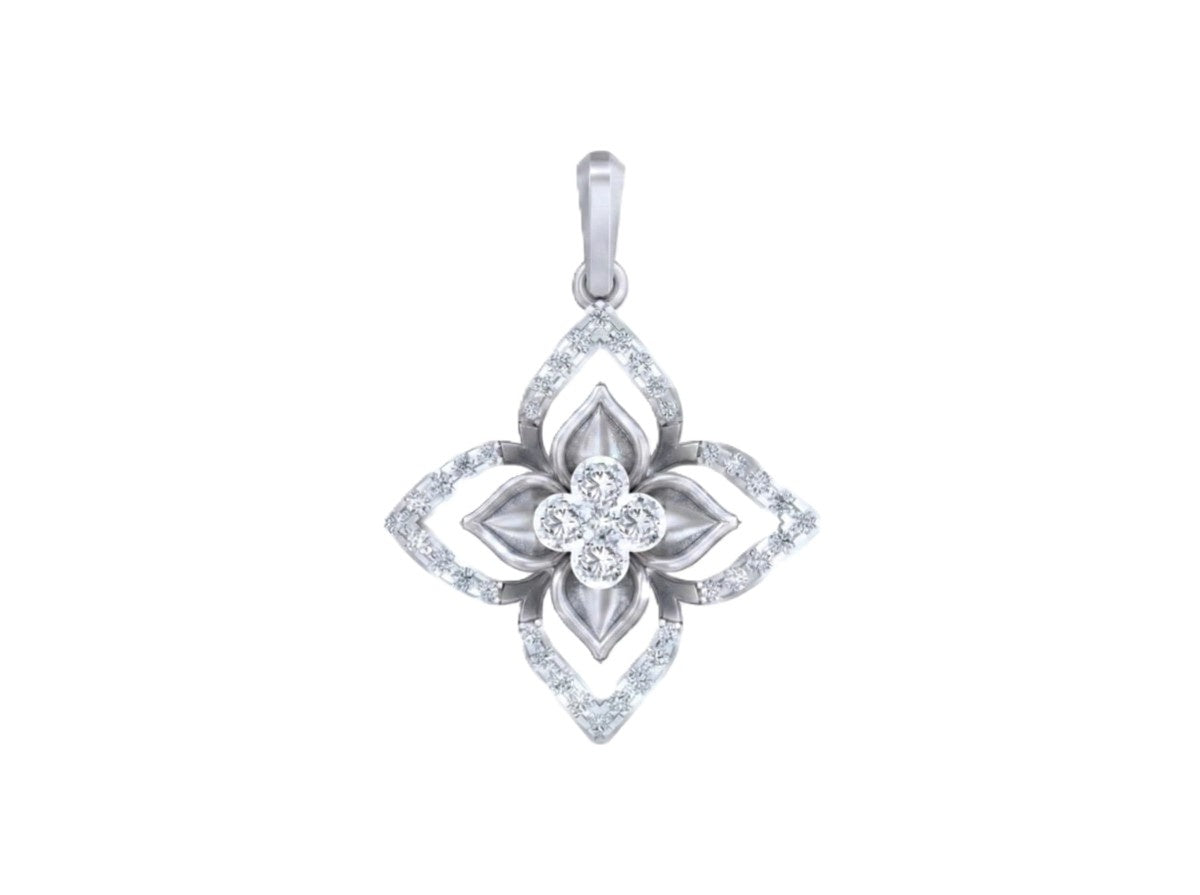 White gold and diamond floral pendant on white background