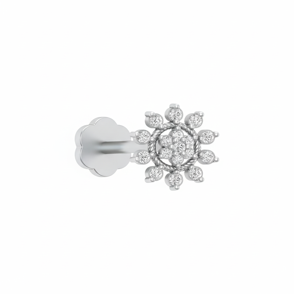 White gold and diamond stud nose pin-like stones on a white background