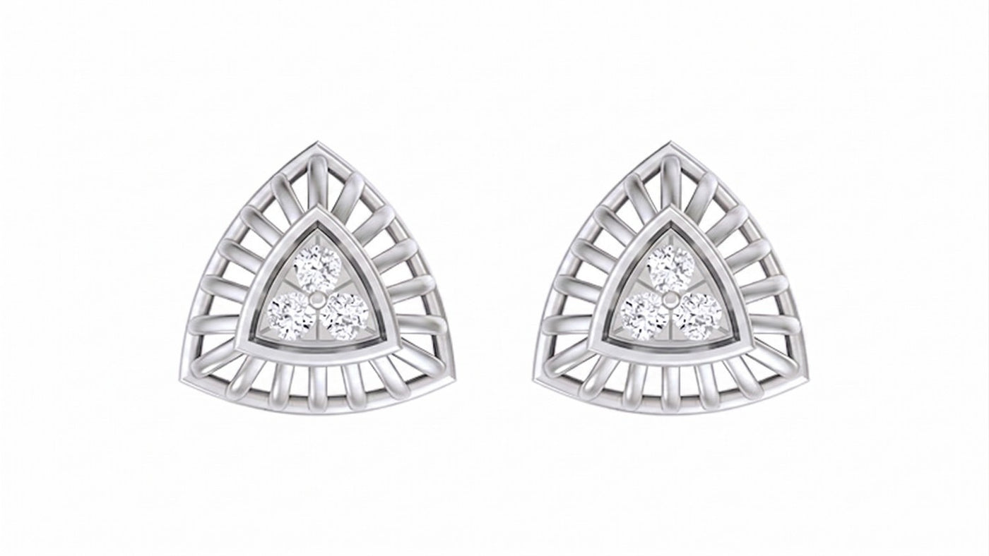 White gold and diamond triangle-shaped stud earrings on a white background