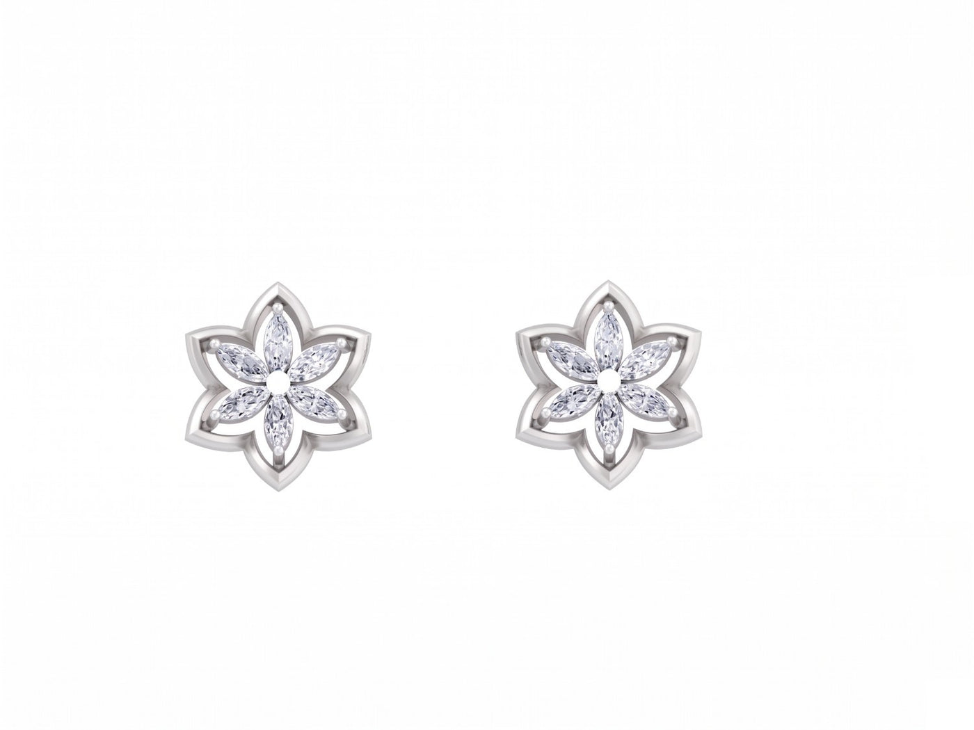 Pair of white gold and diamond flower-shaped earrings on a white background.