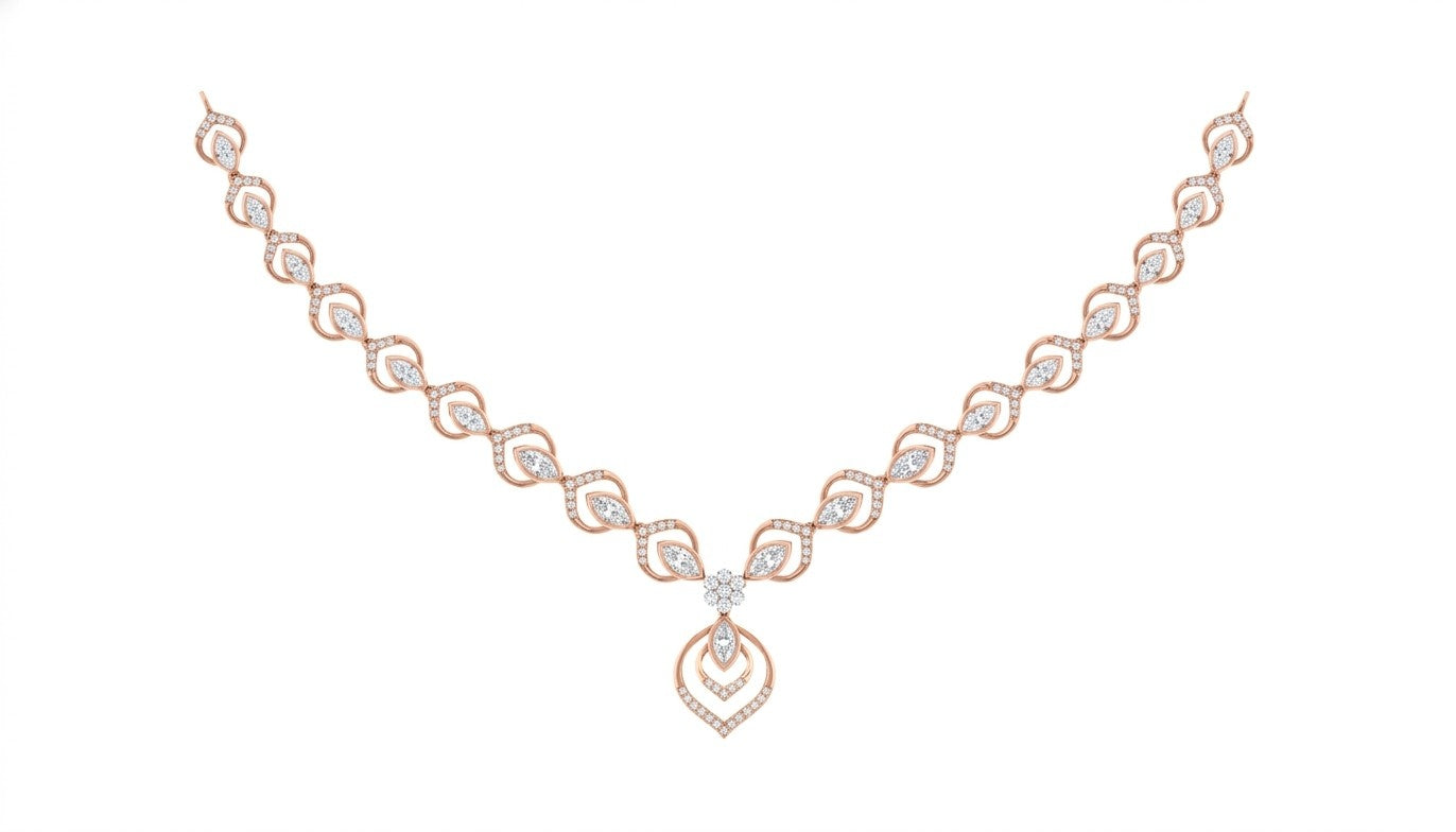Rose gold necklace with diamonds on a white background