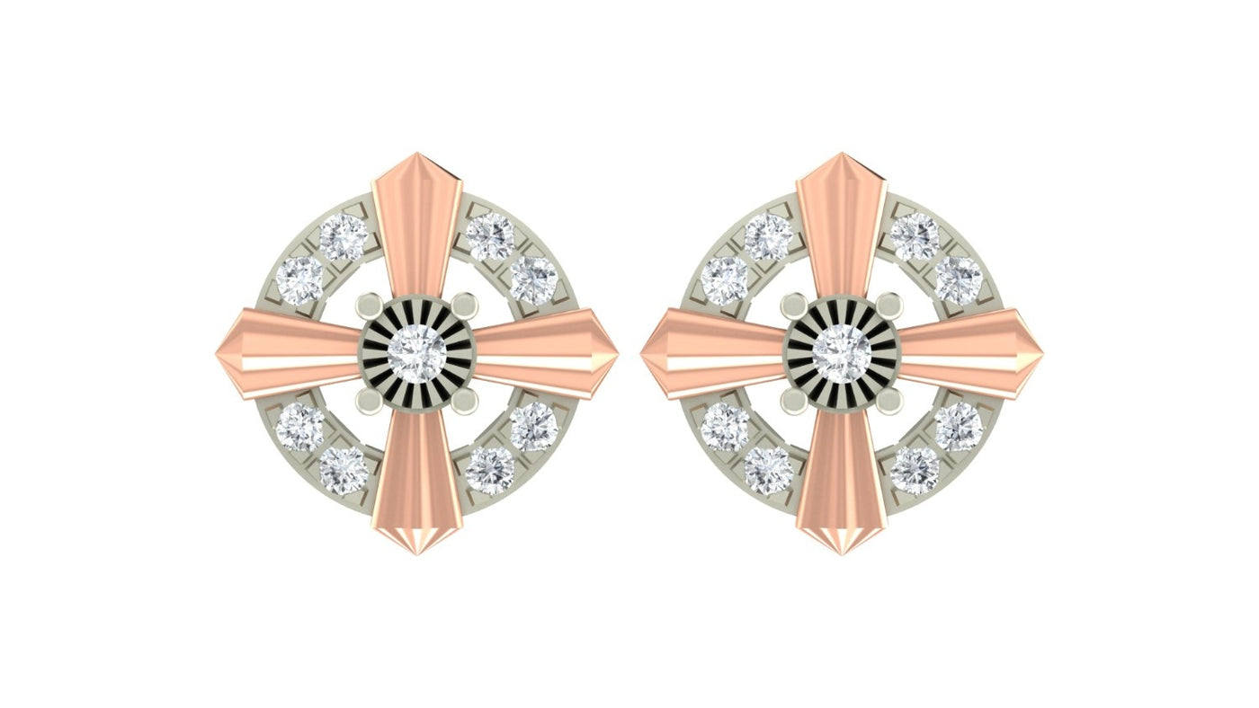 Pair of rose gold and diamond round-shaped stud earrings on a white background
