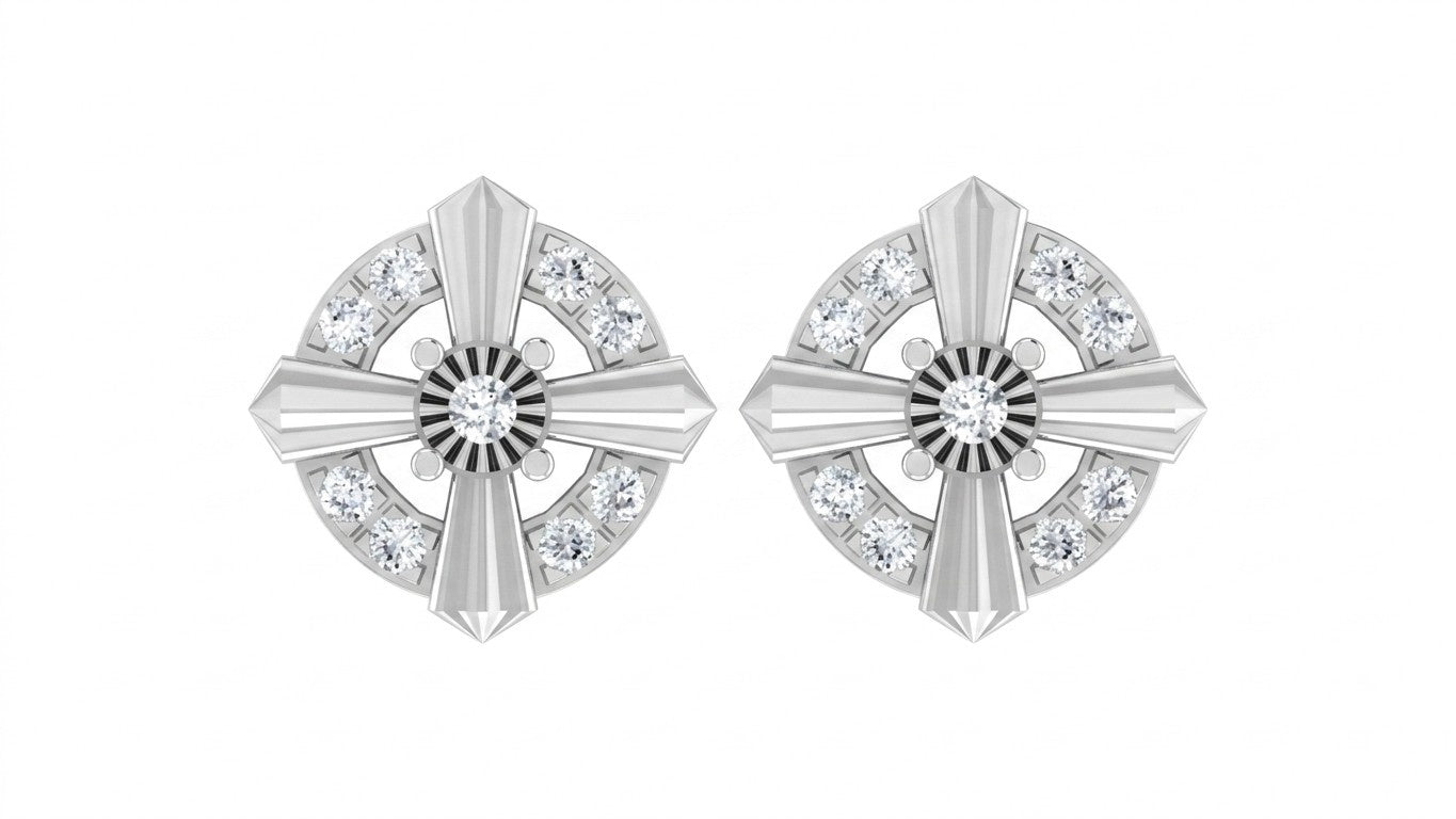 Pair of white gold and diamond round-shaped stud earrings on a white background