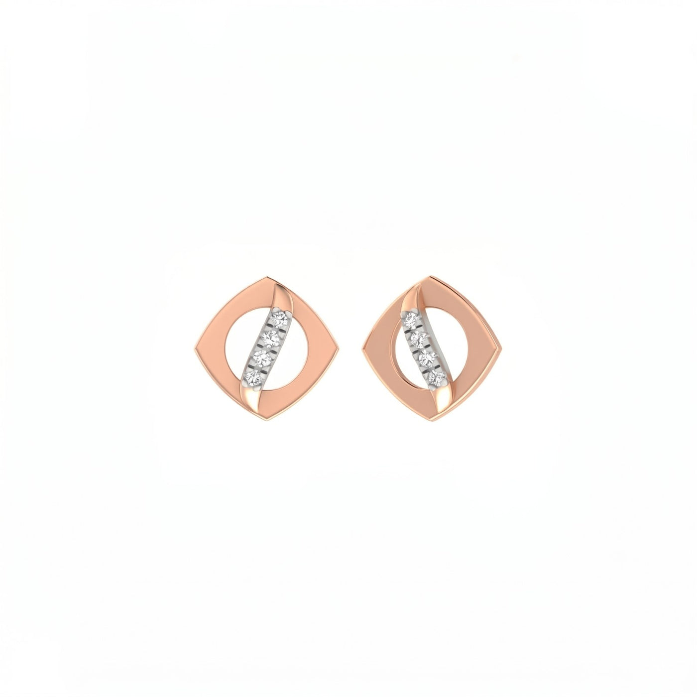 Rose gold and diamond stud earrings on a white background.