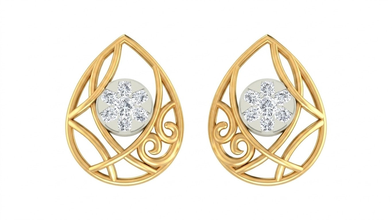 Yellow gold and diamond earrings with teardrop design on a white background