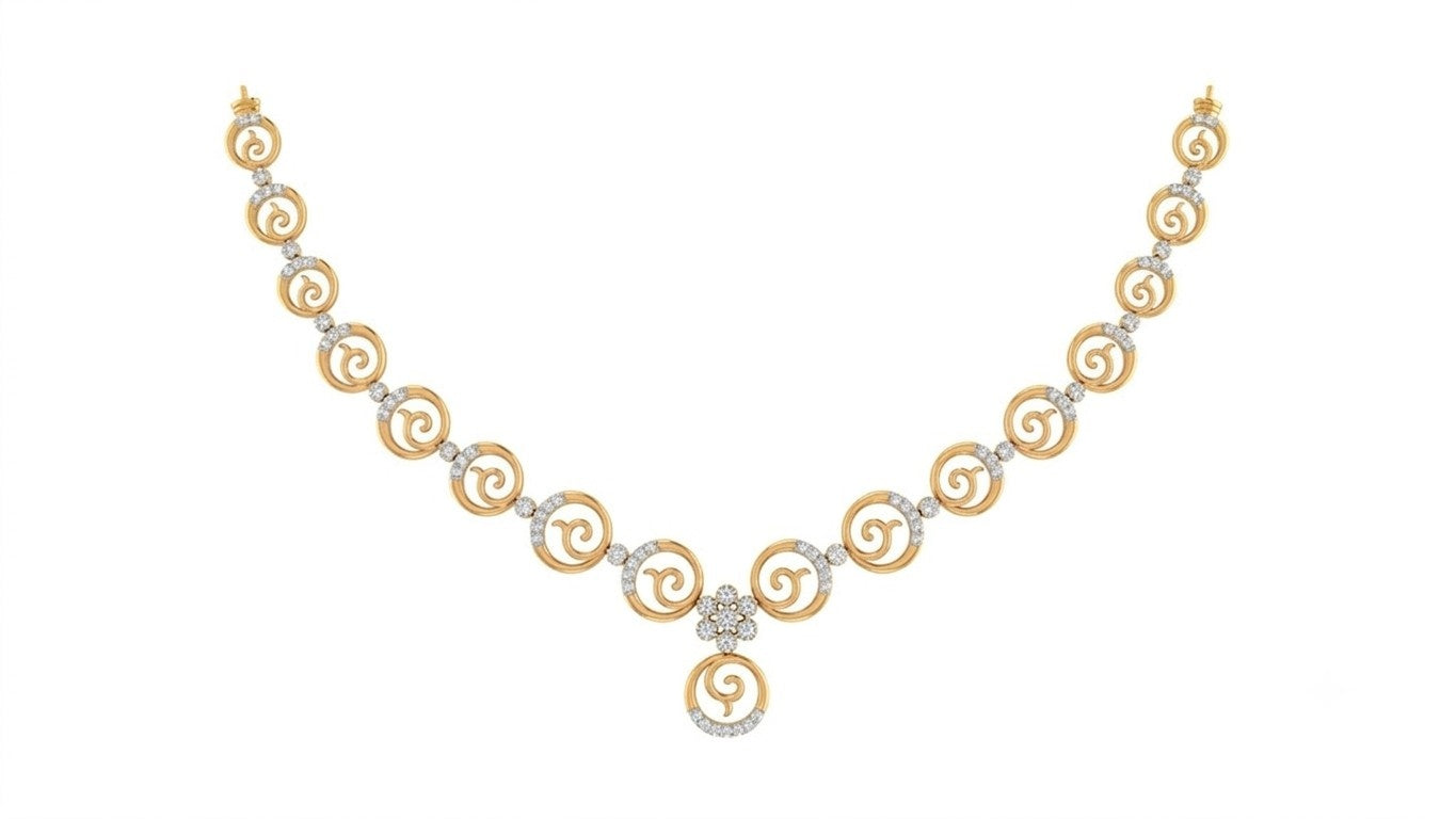 A yellow gold and diamond necklace featuring a series of openwork spiral links accented motif, shown on a plain white background.