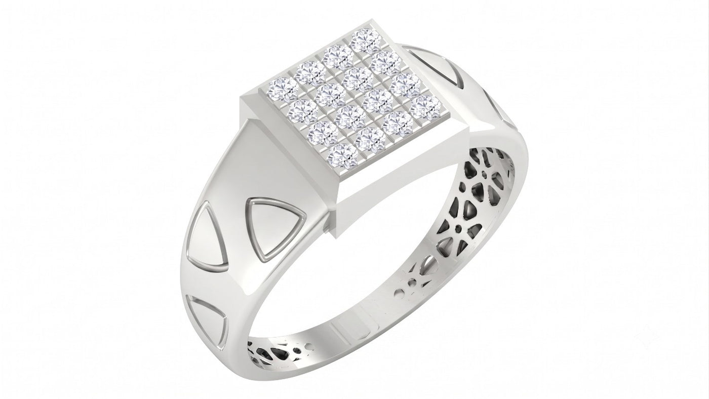 A white gold ring with a square pavé diamond setting on the face and decorative triangular inlays on the band, shown on a plain white background.