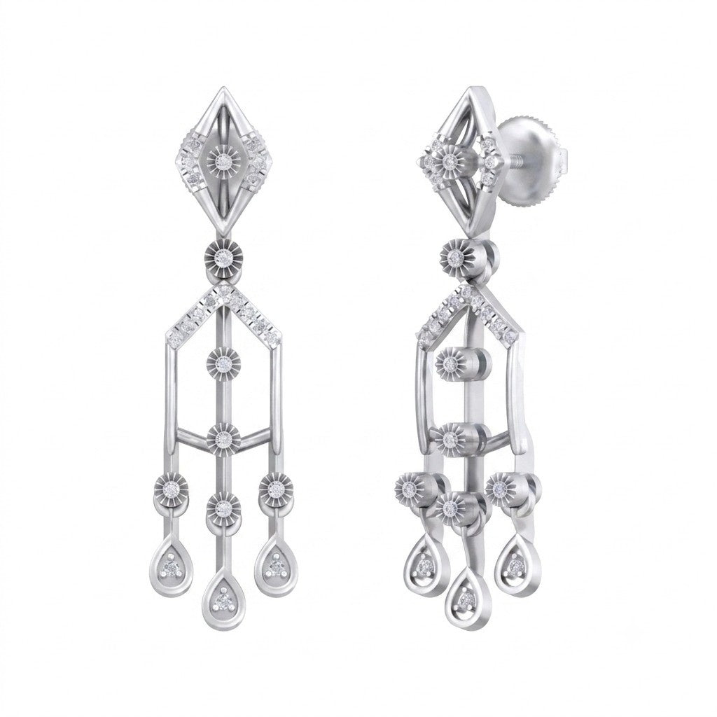 White gold and diamond dangler earring on a white background.