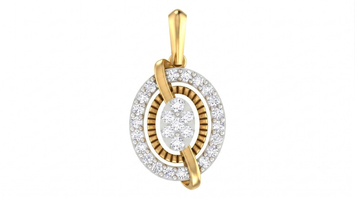 Yellow gold and diamond pendant with circular design on a white background