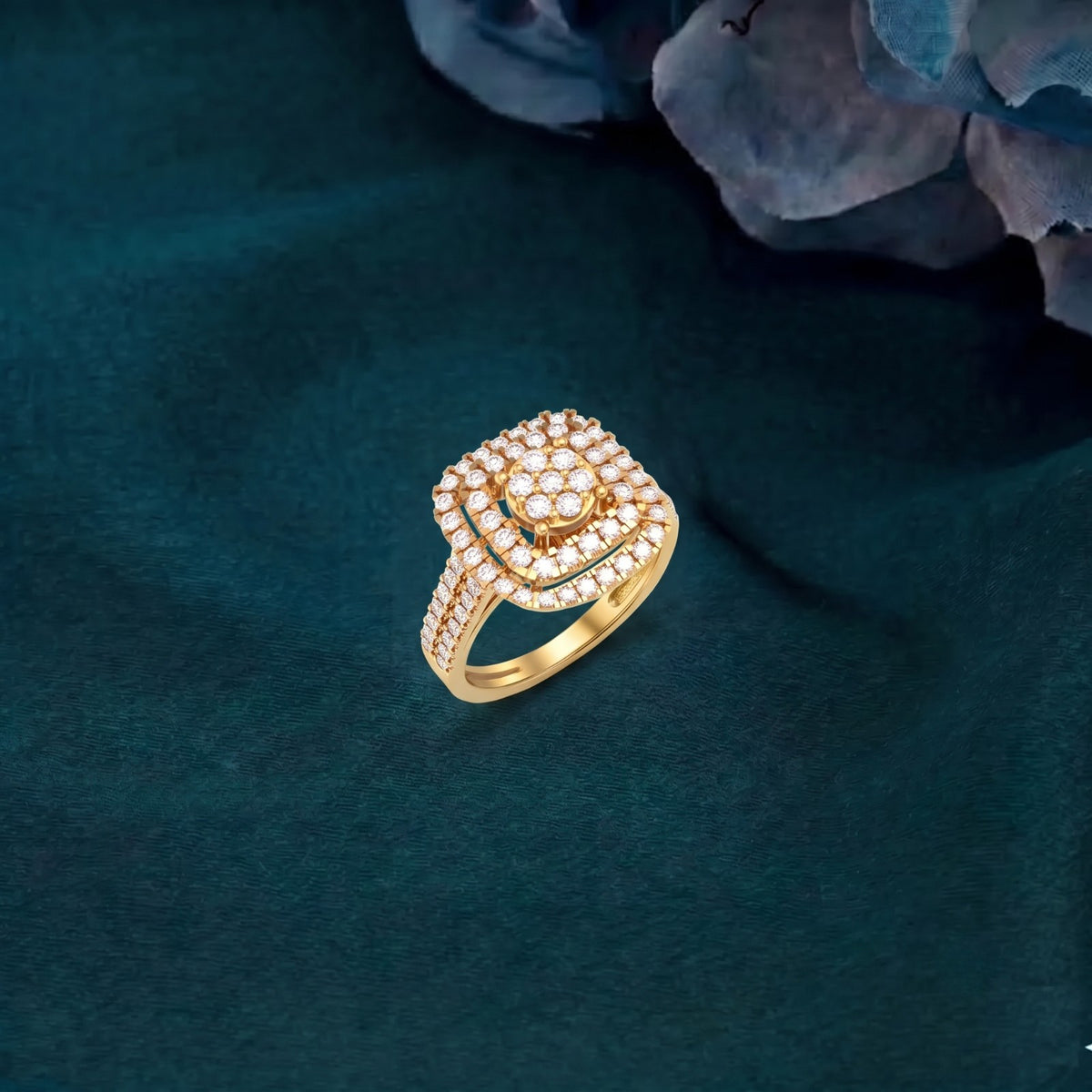 Gold ring with diamonds on a dark green textured background