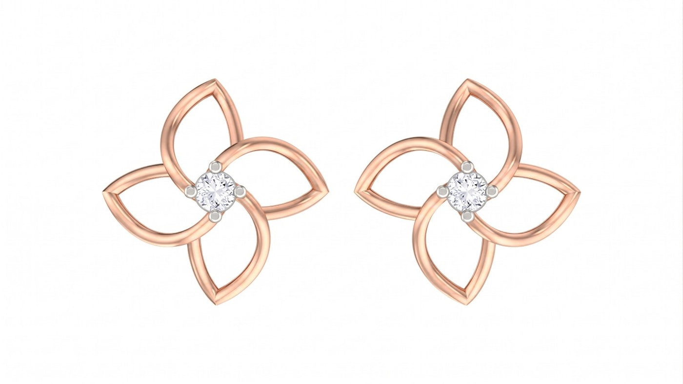 Rose gold and diamond floral stud earring on a white background.